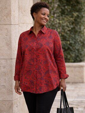 Lands’ End Red Paisley Cotton Popover Tunic Top Long Sleeve Plus